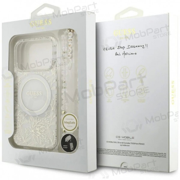 Apple iPhone 18 Pro Max kotelo - Guess IML Flowers Allover Strap MagSafe (valkoinen)