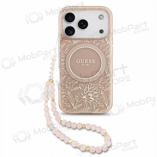 Apple iPhone 18 Pro Max kotelo - Guess IML Flowers Allover Strap MagSafe (vaaleanpunainen)