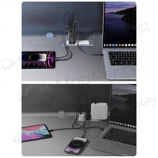 Laturi buitinis Joyroom GaN JR-TCG01 2xUSB-C/USB-A 65W + USB-C cable 1.2m musta