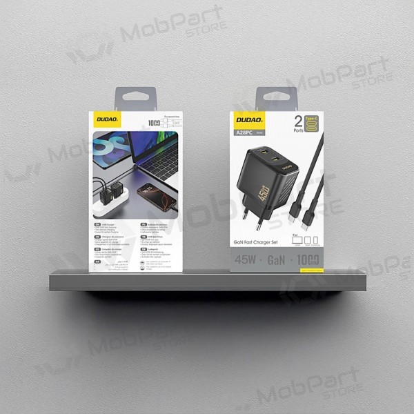 Puhelimen laturi Dudao A28PC 45 W GaN 2x USB-C ja USB-C-kaapeli 1 m musta