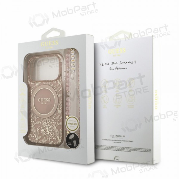Apple iPhone 18 Pro Max kotelo - Guess IML Flowers Allover Strap MagSafe (vaaleanpunainen)