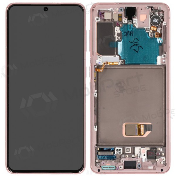 Ekranas Samsung G991 S21 5G su lietimui jautriu stikliuku ja rėmeliu Phantom Pink alkuperäinen (service pack)
