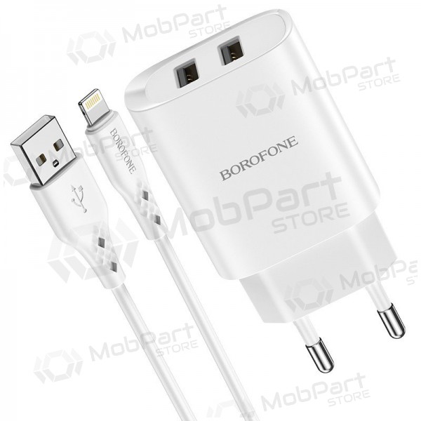 Laturi Borofone BN2 2xUSB 2.1A + Lightning (valkoinen)