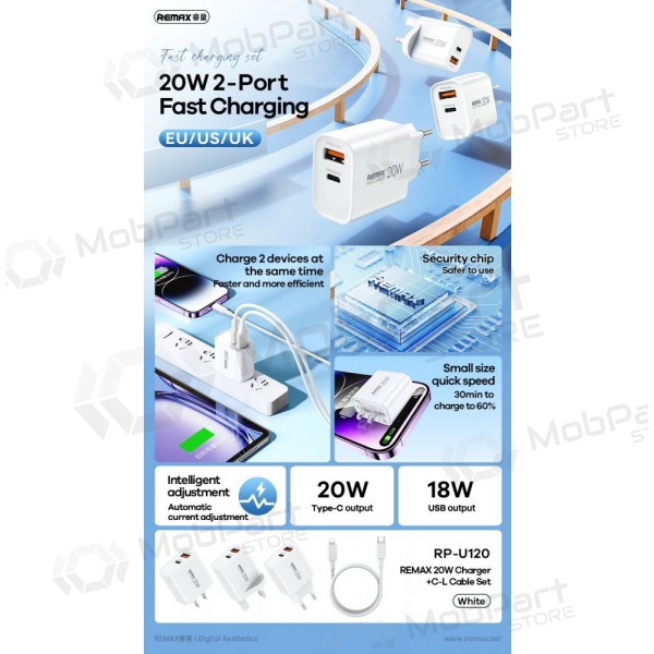 Puhelinlaturi Remax RP-U120 20 W USB-C + USB-A Lightning-kaapelilla 1 m valkoinen