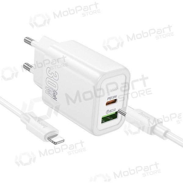 Puhelimen laturi Hoco N63 30 W GaN USB-C + USB-A Lightning-kaapelilla 1 m valkoinen