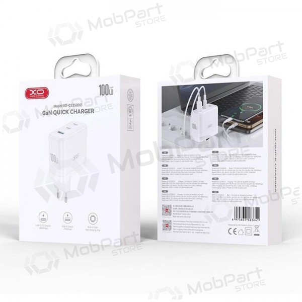 Puhelinlaturi XO CE35 100 W 2x USB-C + USB-A valkoinen