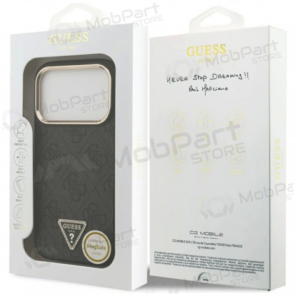 Apple iPhone 17 Pro Max kotelo - Guess PU Leather 4G Strass Triangle Logo Gold Frame MagSafe (musta)