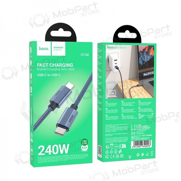 USB-C-kaapeli Hoco U134 USB-C–USB-C 1.8 m 240 W musta