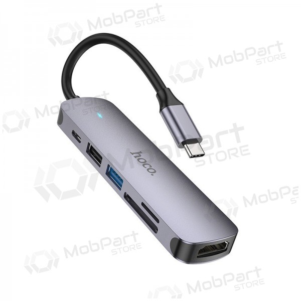 USB-C-sovitin Hoco HB28 USB-C–HDMI + USB 3.0 + USB 2.0 + SD + TF + PD harmaa