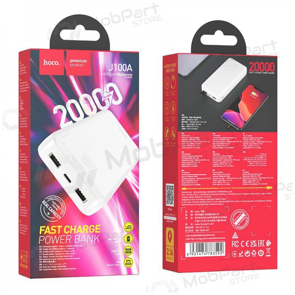 Ulkoinen paristo Power Bank Hoco J100A 2xUSB-A 20000mAh valkoinen