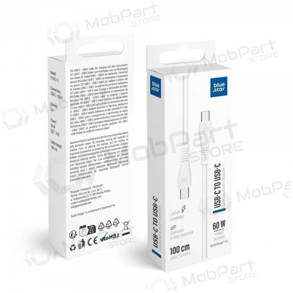 USB-C-kaapeli Blue Star PJ-DQ1-C USB-C–USB-C 1 m 60 W valkoinen