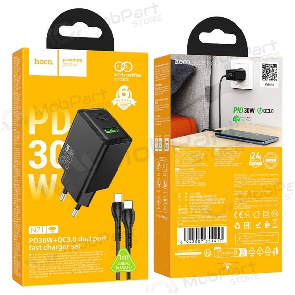 Puhelinlaturi Hoco N71 30 W GaN USB-C + USB-A USB-C-kaapelilla 1 m musta
