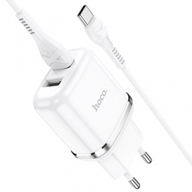 Laturi Hoco N4 X 2 USB  jungtimis + Type-C (2.4A) (valkoinen)