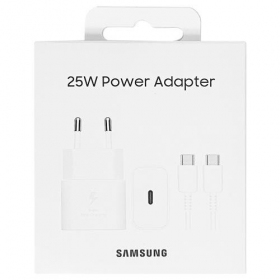 Laturi alkuperäinen Samsung EP-T2510XWEGEU 25W + USB-C kaapeli pakkauksessa valkoinen