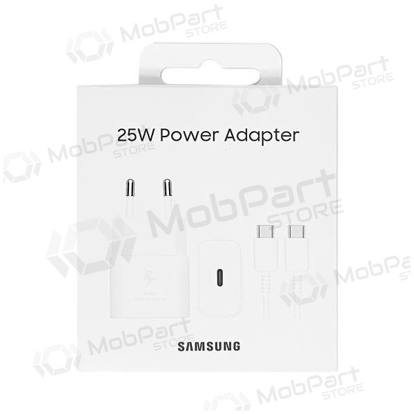 Laturi alkuperäinen Samsung EP-T2510XWEGEU 25W + USB-C kaapeli pakkauksessa valkoinen