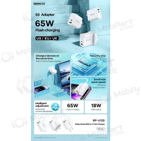 Laturi Remax RP-U125 65W GaN USB-C/USB-A valkoinen