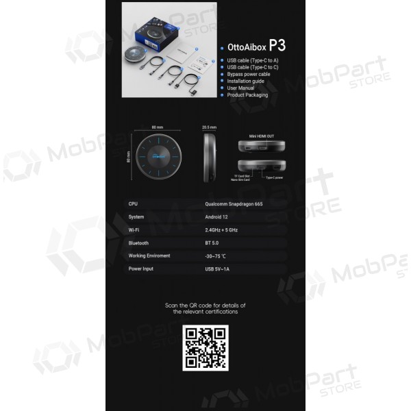 Langaton CarPlay / Android Auto -sovitin Ottocast OttoAiBox P3 PCS46 musta