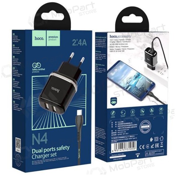 Laturi HOCO N4 Aspiring Dual USB + type-C kaapeli (5V 2.4A) (musta)