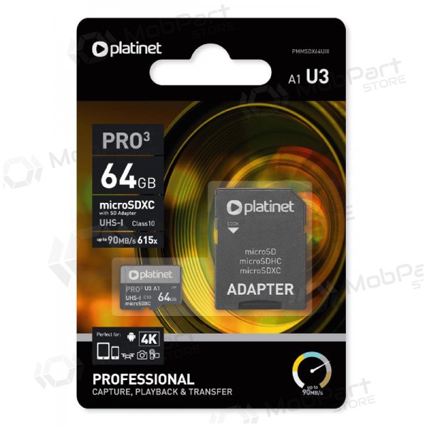 Muistikortti Platinet MicroSD 64GB (class10 UHS-III 90MB/S) + SD Sovitin