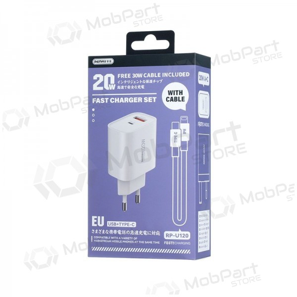 Puhelinlaturi Remax RP-U120 20 W USB-C + USB-A Lightning-kaapelilla 1 m valkoinen