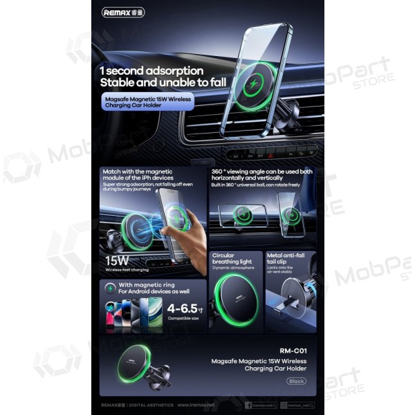 Automobilinis laikiklis-laturi Remax RM-C01 MagSafe 15W musta