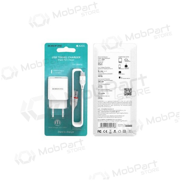 Laturi BOROFONE BA20A Sharp USB + Type-C kaapeli (5V 2.1A) (valkoinen)