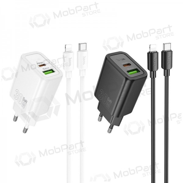 Puhelimen laturi Hoco N63 30 W GaN USB-C + USB-A Lightning-kaapelilla 1 m valkoinen