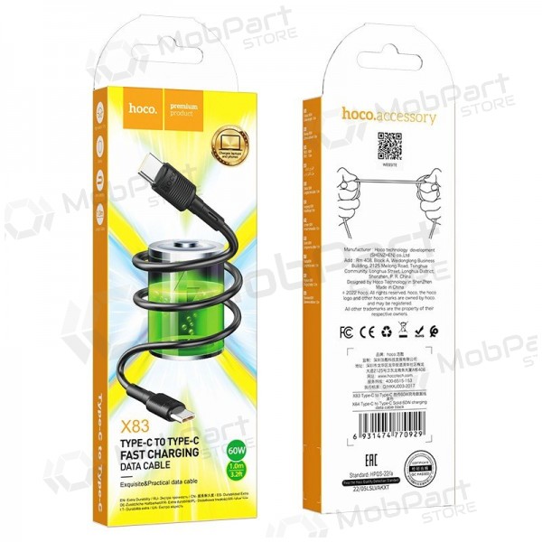USB kaapeli Hoco X83 60W Type-C to Type-C 1.0m musta