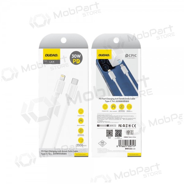 Lightning-kaapeli Dudao L4X USB-C–Lightning 2 m 30 W valkoinen
