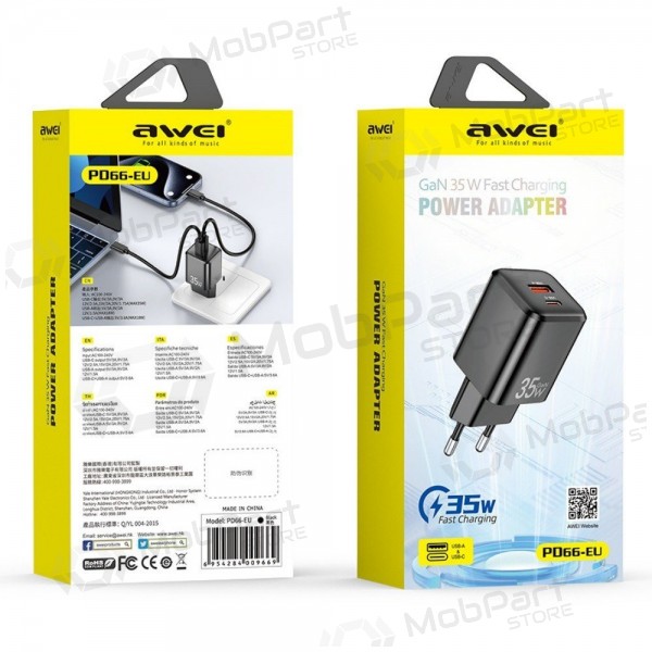 Laturi Awei PD66-EU GaN 35W USB-A/USB-C valkoinen