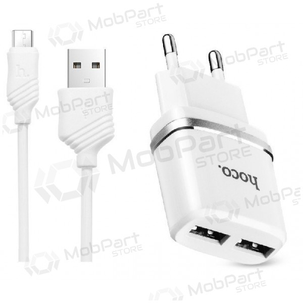 Laturi HOCO C12 Smart Dual USB + microUSB kaapeli (2.4A) (valkoinen)
