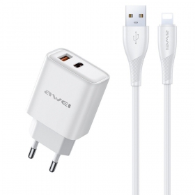 Puhelimen laturi Awei PD81L-EU 22.5 W USB-C + USB-A Lightning-kaapelilla 1 m valkoinen