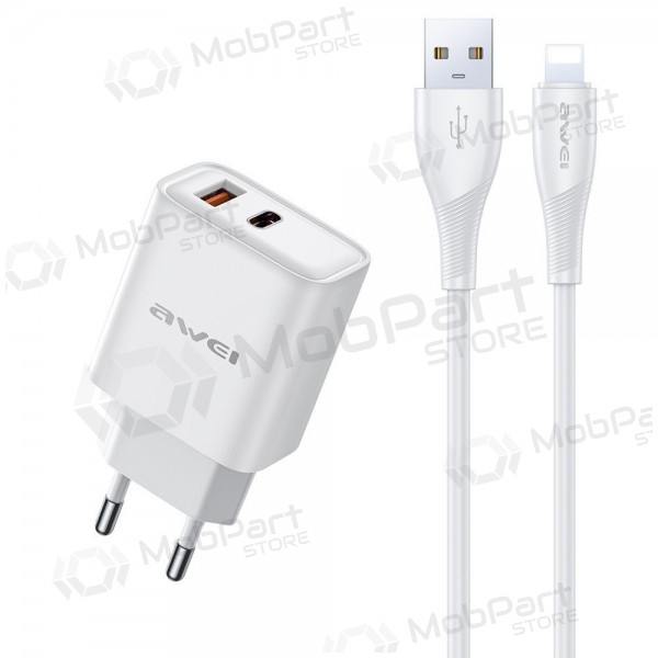 Puhelimen laturi Awei PD81L-EU 22.5 W USB-C + USB-A Lightning-kaapelilla 1 m valkoinen