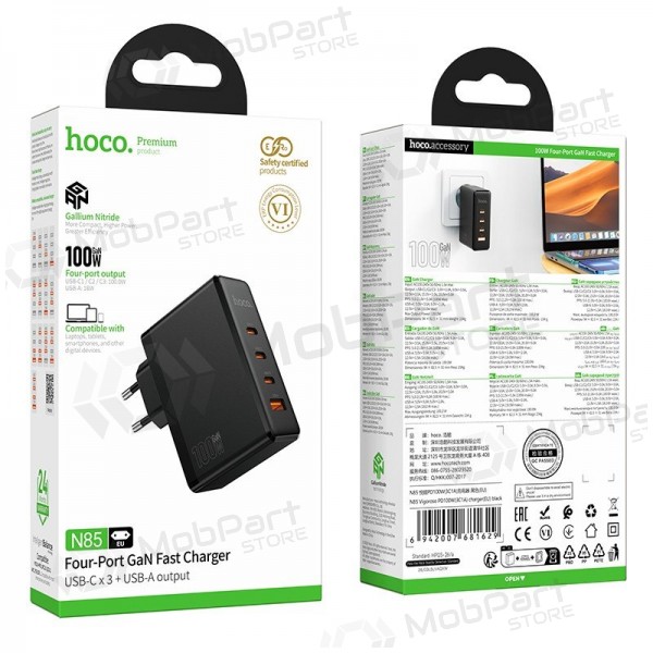 Puhelimen laturi Hoco N85 100 W 3x USB-C + USB-A musta