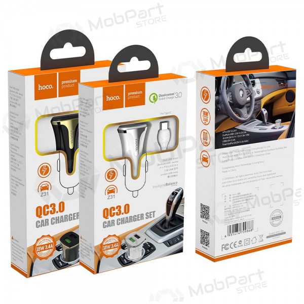 Laturi automobilinis Hoco Z31 Quick Charge 3.0 (3.4A) x 2 USB + Type-C (valkoinen)