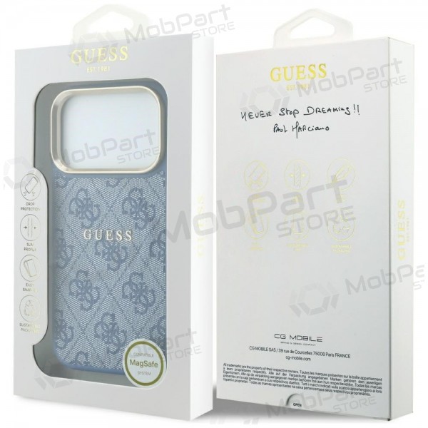 Apple iPhone 18 Pro Max kotelo - Guess PU Leather 4G Gold Frame Embossed MagSafe (sininen)