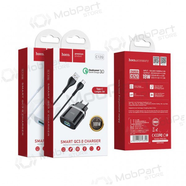 Laturi HOCO C12Q Smart USB + type-C kaapeli (QC3.0) (musta)