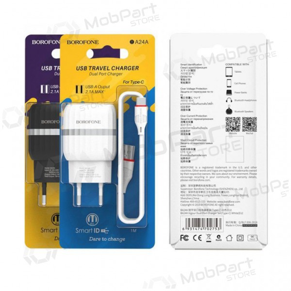 Laturi BOROFONE BA24A Vigour Dual USB + Type-C kaapeli (5V 2.4A) (musta)