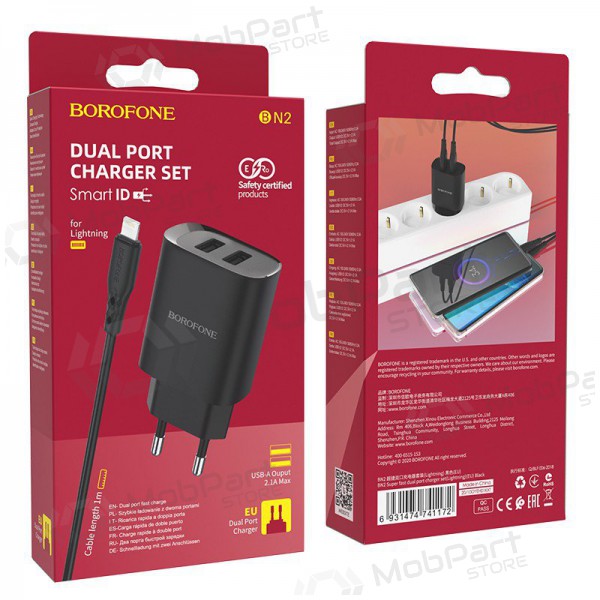 Laturi Borofone BN2 2xUSB 2.1A + Lightning (musta)
