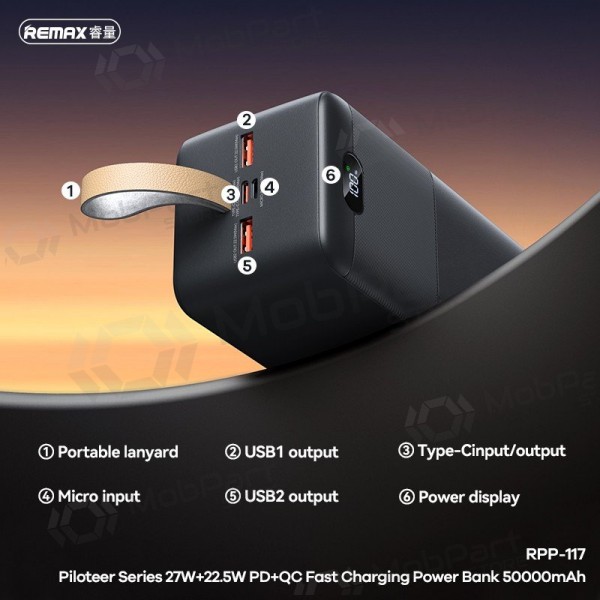 Ulkoinen paristo Power Bank Remax RPP-117 22.5W 50000mAh musta