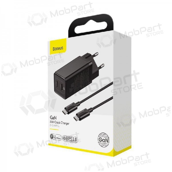 Laturi Baseus GaN 45w (20V/3A) + Type-C kaapeli (MacBook) (musta)