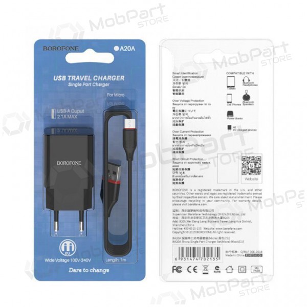 Laturi BOROFONE BA20A Sharp USB + microUSB kaapeli (5V 2.1A) (musta)
