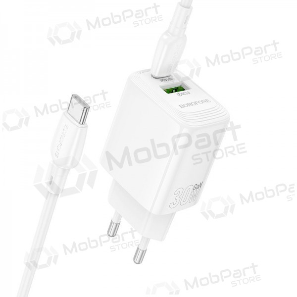 Puhelimen laturi Borofone BN29 30 W USB-C + USB-A USB-C-kaapelilla 1 m valkoinen