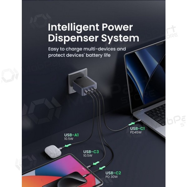 Verkkovirtalaturi Ugreen X565 100 W GaN 3x USB-C + USB-A harmaa