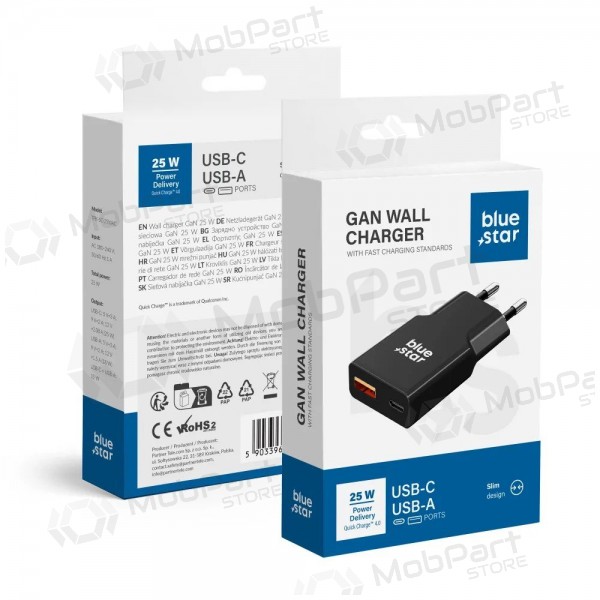 Puhelimen laturi Blue Star Slim 25 W GaN USB-C + USB-A musta