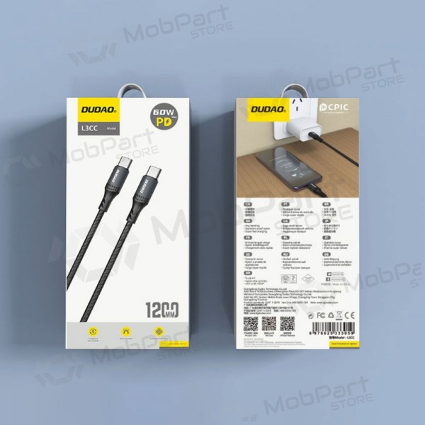 USB-C-kaapeli Dudao L3CC USB-C–USB-C 1,2 m 60 W musta
