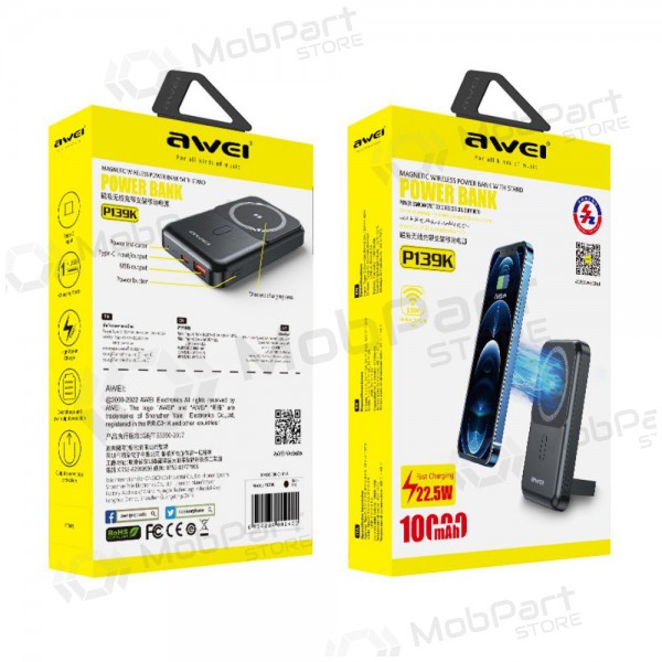 Ulkoinen paristo Power Bank Awei P139K 22.5W Magnetic Wireless 10000mAh musta