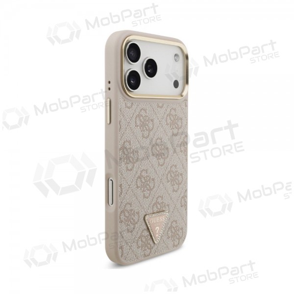 Apple iPhone 18 Pro kotelo - Guess PU Leather 4G Strass Triangle Logo Gold Frame MagSafe (vaaleanpunainen)