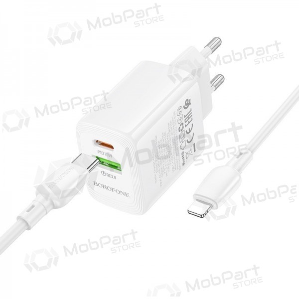 Puhelimen laturi Borofone BN27 20 W USB-C + USB-A Lightning-kaapelilla 1 m valkoinen