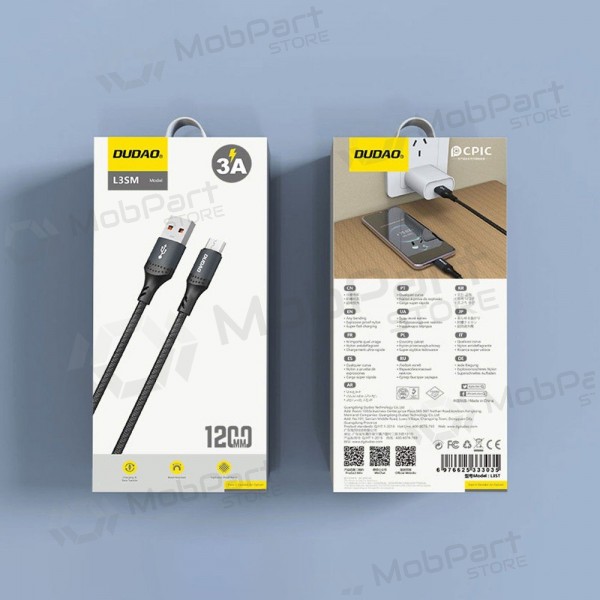 Micro USB-kaapeli Dudao L3SM USB-A - Micro USB 1,2 m 3 A musta